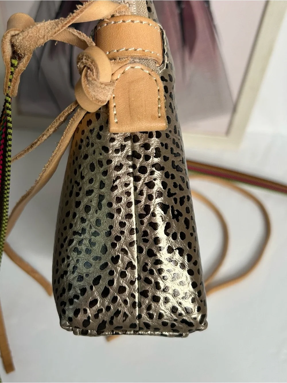 Consuela Metallic Gold Leopard-Print Crossbody with Tan Strap